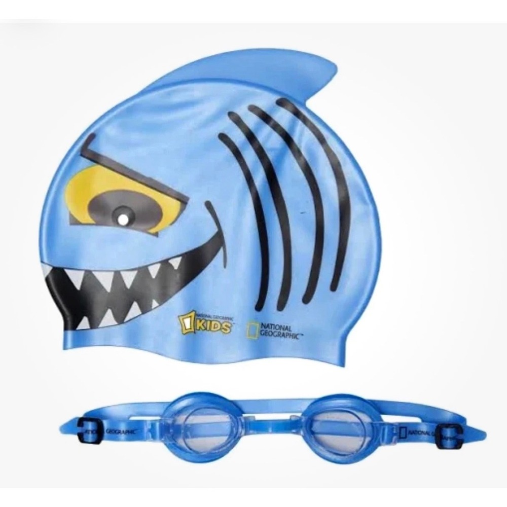 NEW National Geographic Kids Blue Shark Swim Cap and Goggles Set Fish Lids NEW